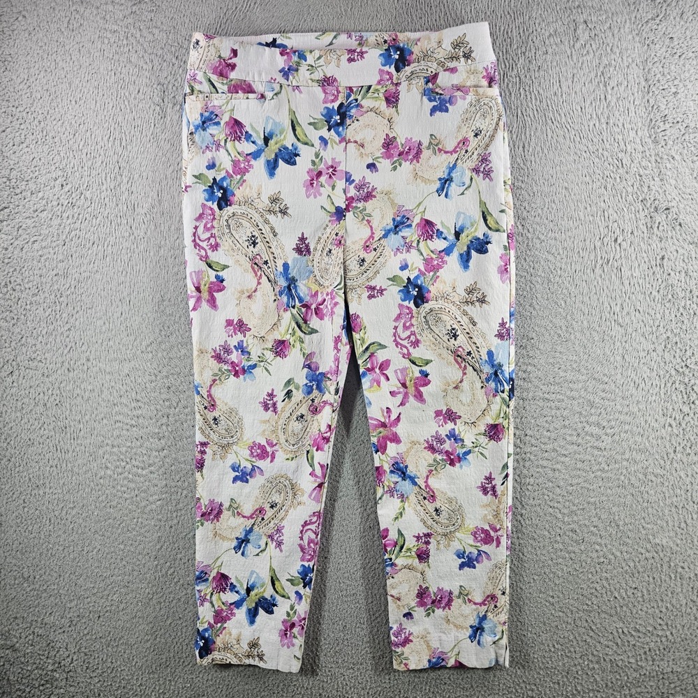 Chicos Floral Paisley Crop Ankle Pants Womens 1 US 8 White Purple Stretch Slim